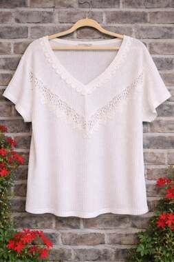 Rusttydustty White Waffle Knit Lace Trim V-Neck Short Sleeve Top